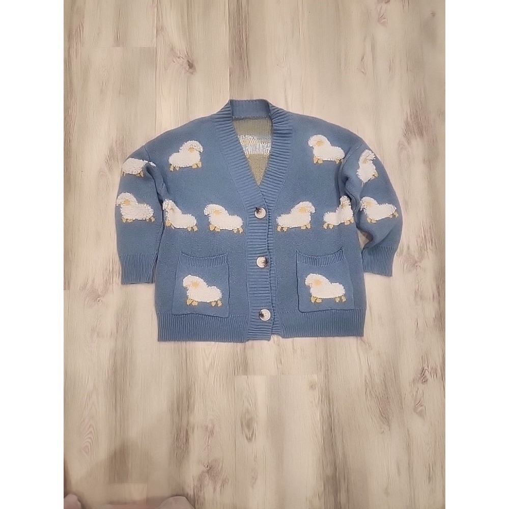 Blue & White Cardigan V-Neck Knit Sweater Sheep Motif Cottagecore Size Med/Large